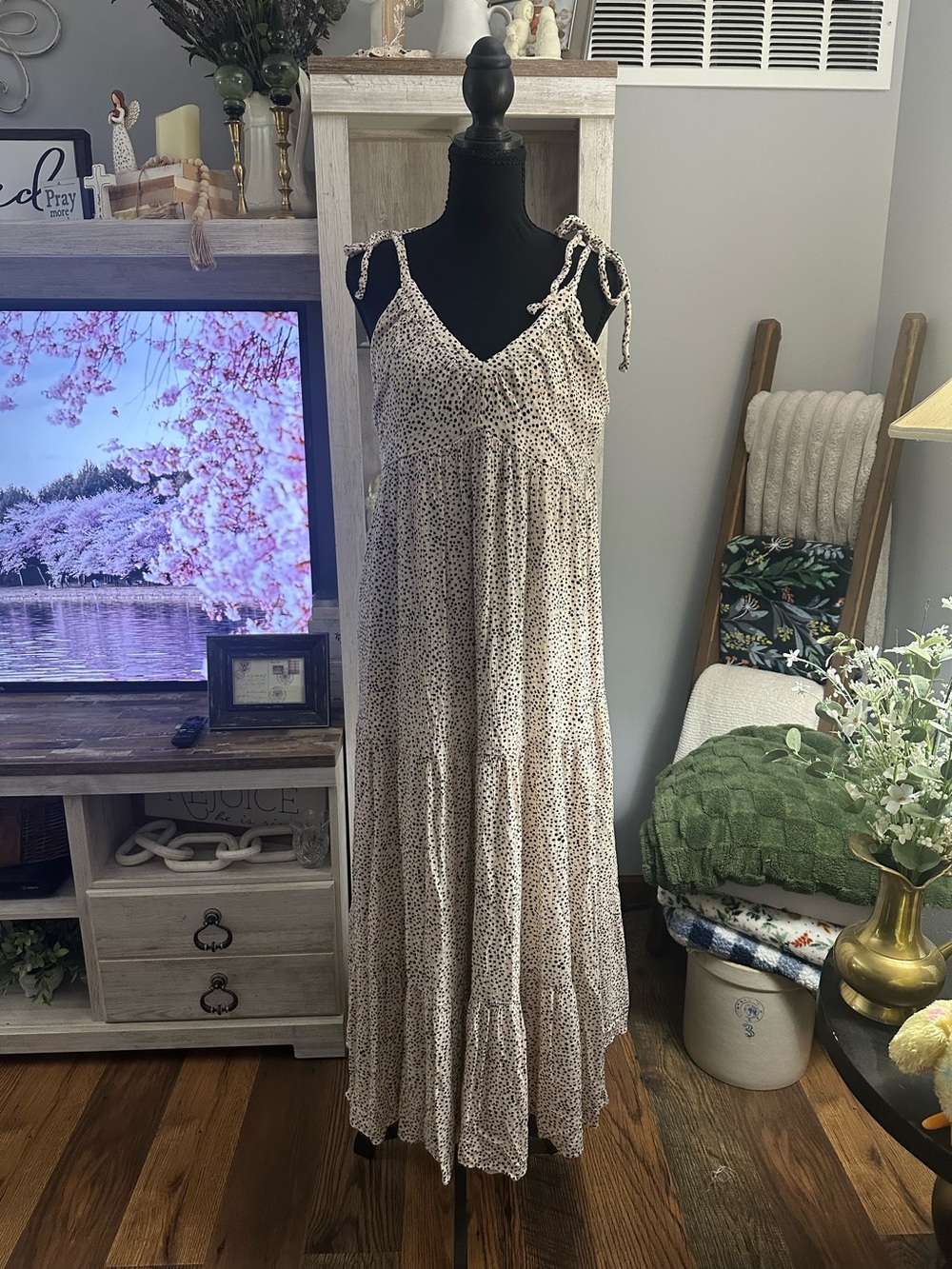Express Cream and Black Ditsy Tie-Shoulder Maxi Dress